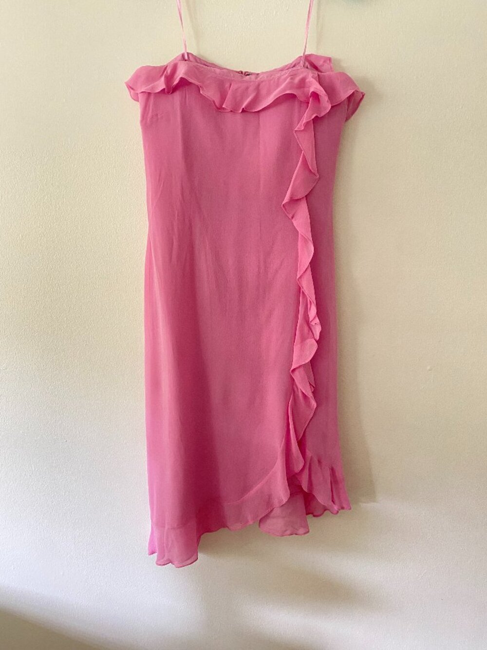 y2k Ralph Lauren Pink100% Silk Chiffon Ruffle Strapless Midi Dress Size 4